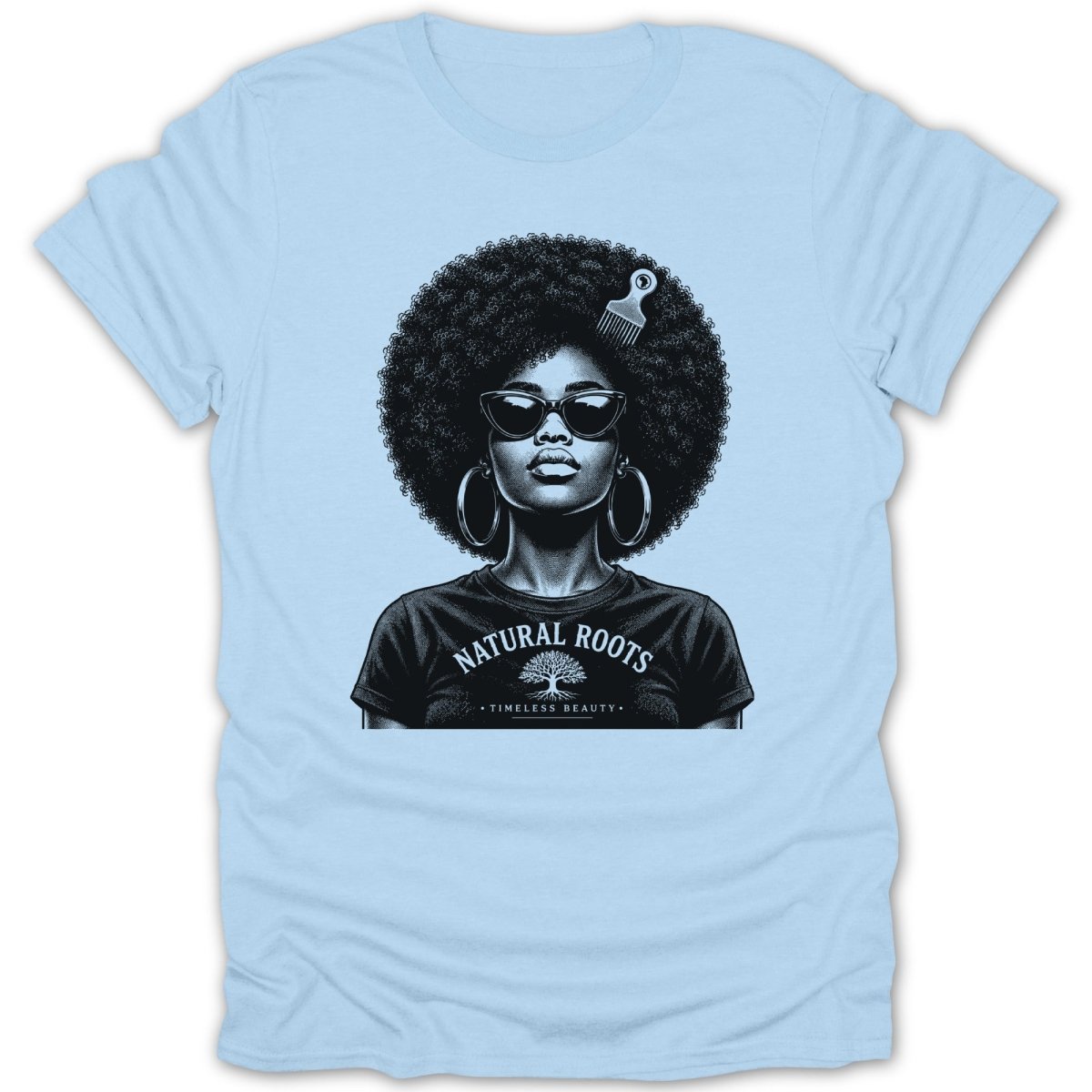 Black and white graphic of a woman with a large afro, sunglasses, and hoop earrings on a light blue t-shirt.