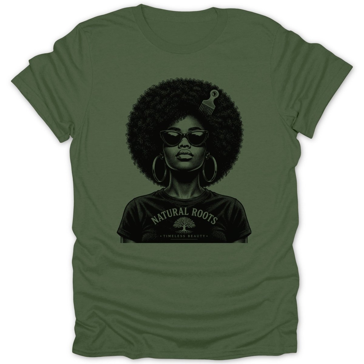 Green t-shirt with graphic of woman with large afro, wearing sunglasses and hoop earrings.
