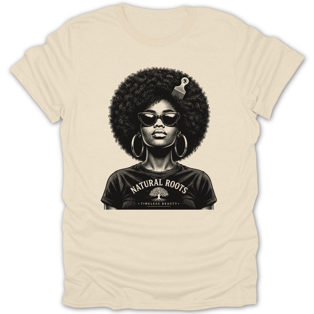 Woman with large afro and sunglasses on t-shirt with text "NATURAL ROOTS".