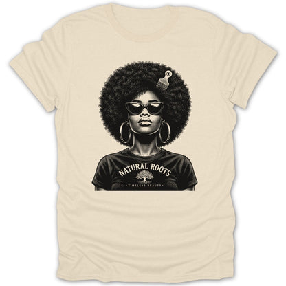 Woman with large afro and sunglasses on t-shirt with text "NATURAL ROOTS".