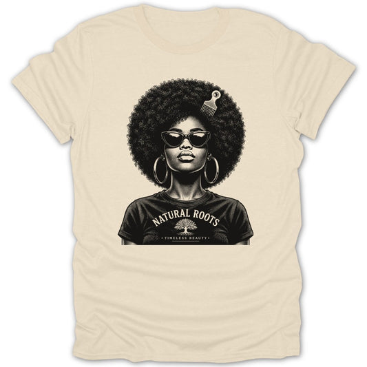 Woman with large afro and sunglasses on t-shirt with text "NATURAL ROOTS".