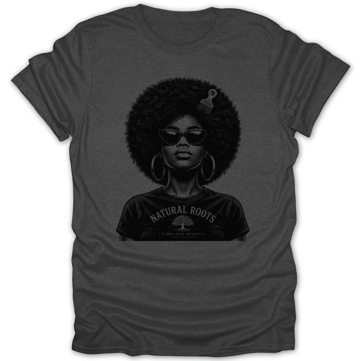 Black graphic on grey t-shirt: woman with afro, sunglasses, and text "NATURAL ROOTS".