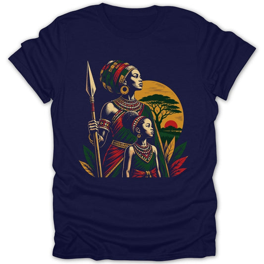 Two women, one holding a spear, stand against a sunset savanna background.