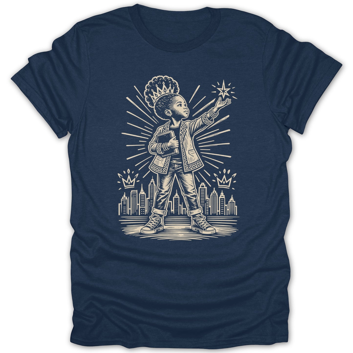 Sketch of child wearing crown and holding book, reaching for star over city skyline.
