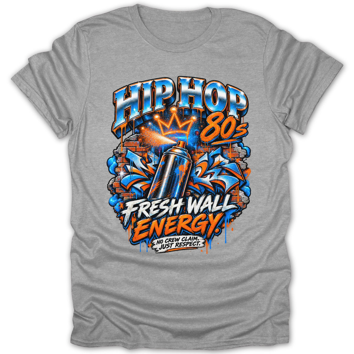 Graffiti design on grey t-shirt with "Hip Hop 80s" and "Fresh Wall Energy" text.