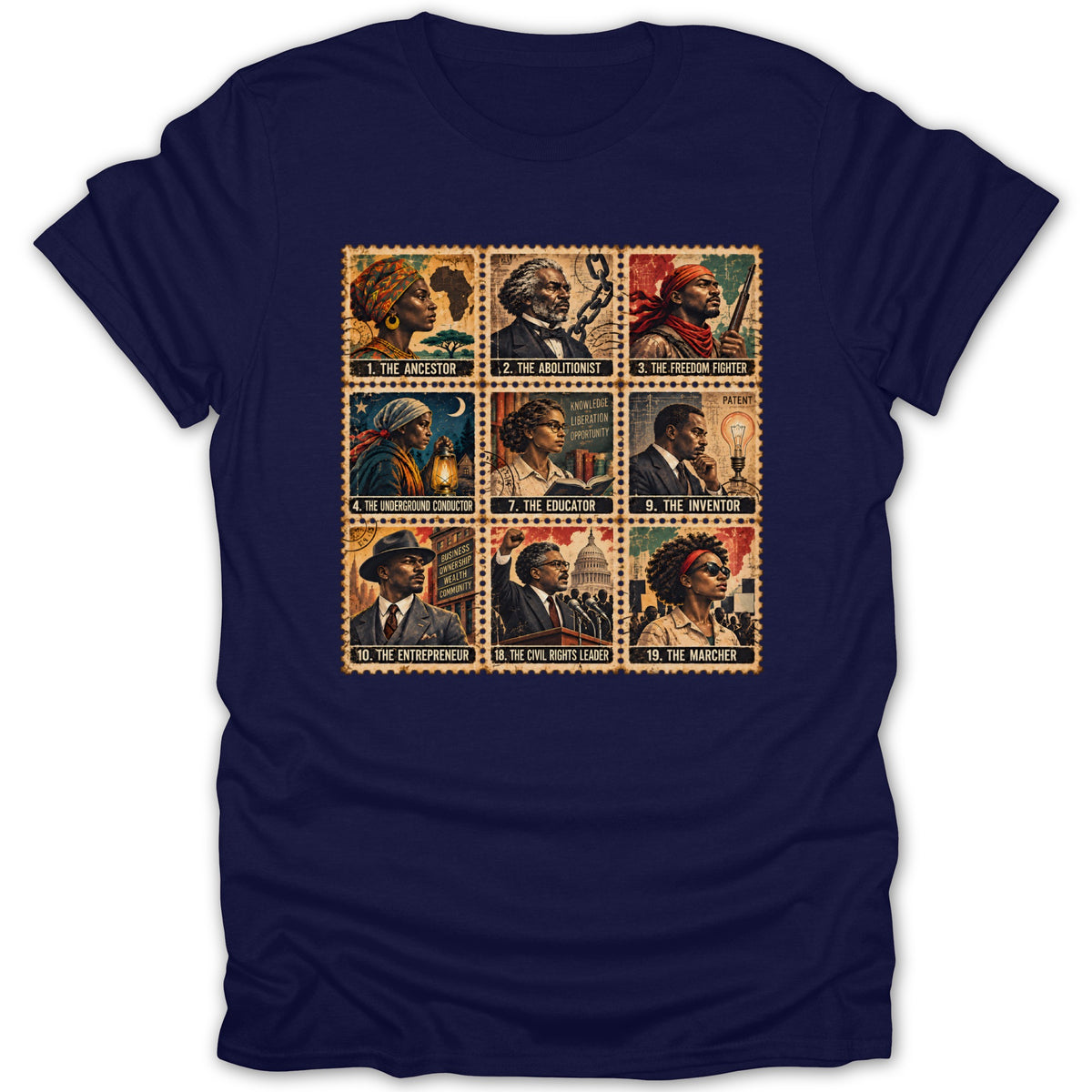 Stamp-style illustrations depict historical Black figures: Ancestor, Abolitionist, Freedom Fighter, Educator, Inventor, Entrepreneur, Civil Rights Leader.