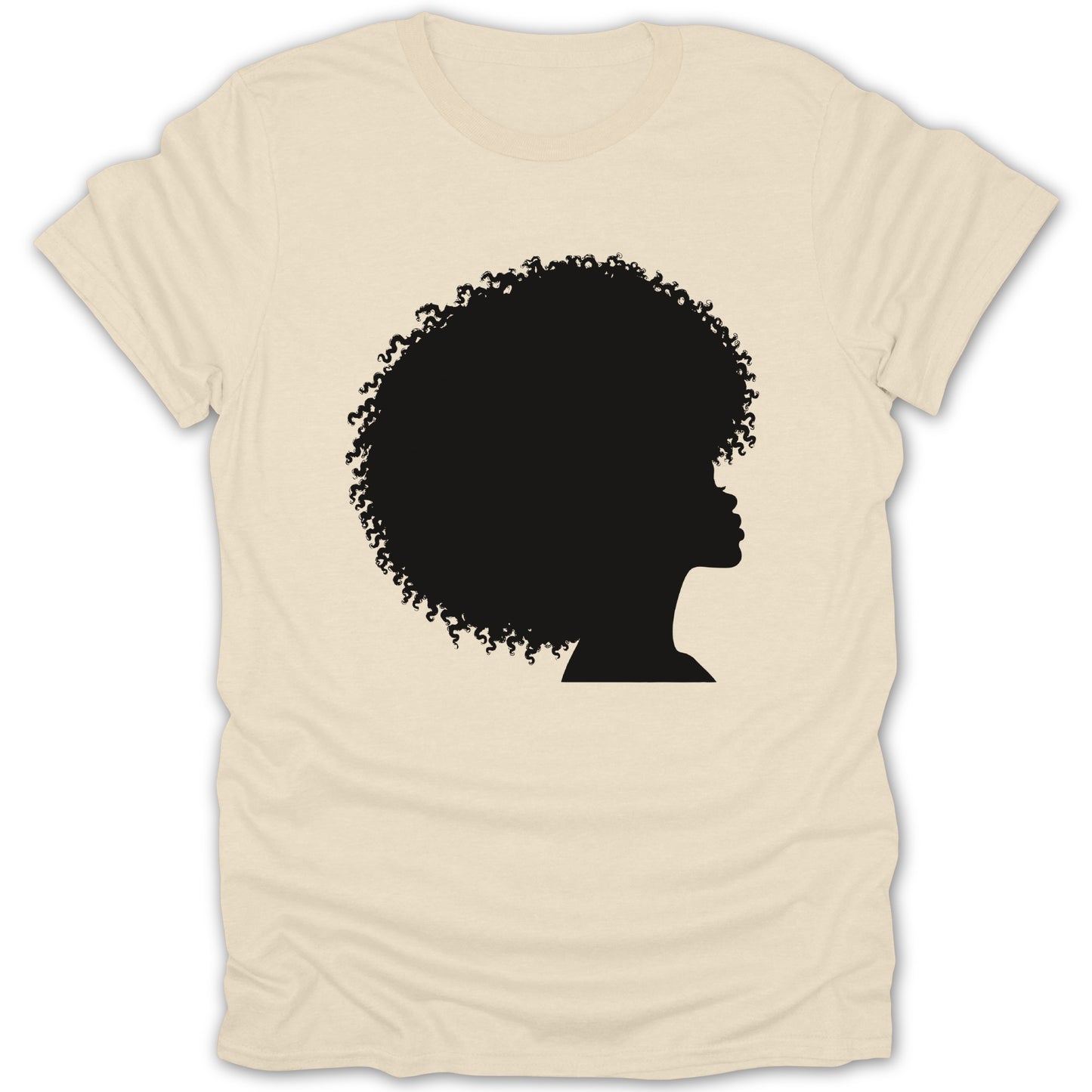 Black silhouette of a woman's profile with voluminous curly hair on a cream t-shirt.