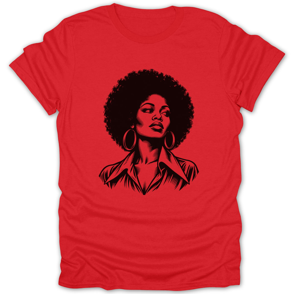 A red short-sleeved t-shirt featuring a black retro illustration of a Black woman with an afro.