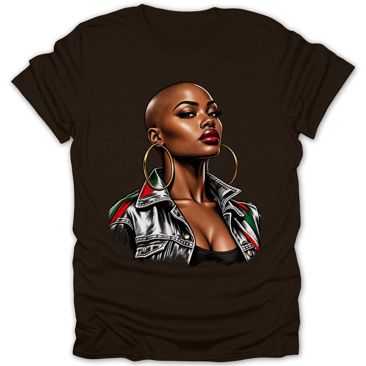 Brown t-shirt with illustration of a bald Black woman in a denim jacket with red, green, and white accents.
