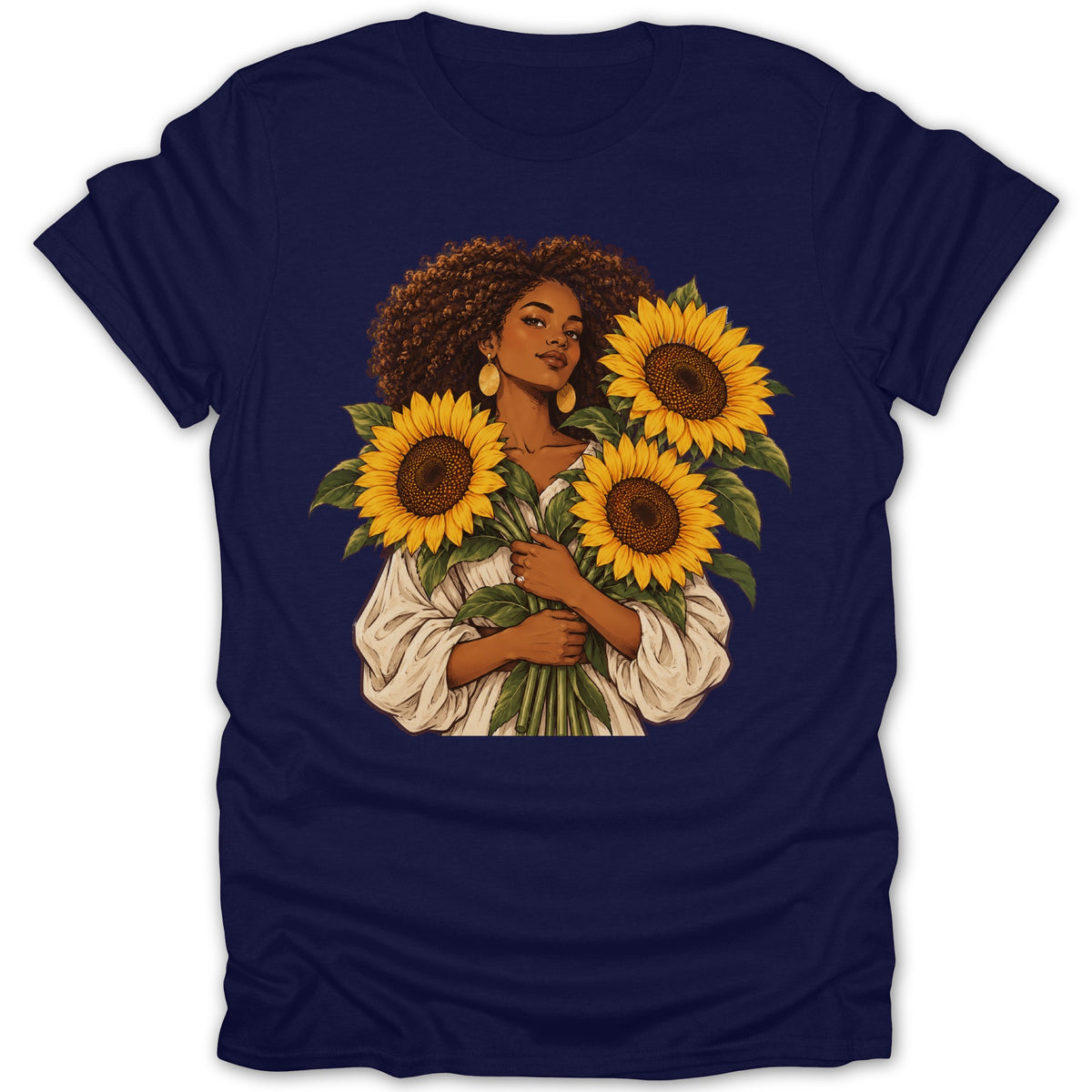 Illustration of a Black woman with an afro holding a bouquet of sunflowers.