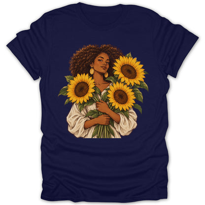 Illustration of a Black woman with an afro holding a bouquet of sunflowers.