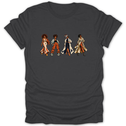 Four illustrated women in stylish outfits stand in a line against a dark gray t-shirt.