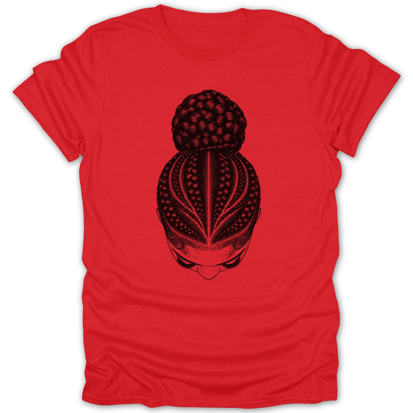 Red t-shirt with a black line drawing of a woman's head with braided hair.