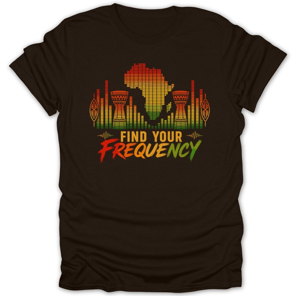 African continent graphic with drums, shields, and "Find Your Frequency" text.