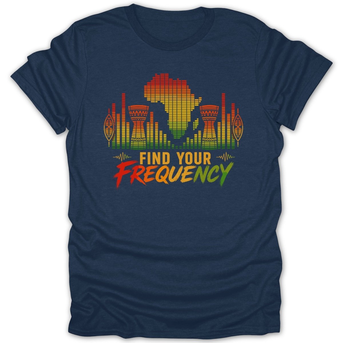 Dark blue t-shirt with Africa map, drums, and "FIND YOUR FREQUENCY" text.