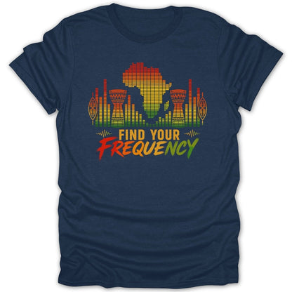 Dark blue t-shirt with Africa map, drums, and "FIND YOUR FREQUENCY" text.