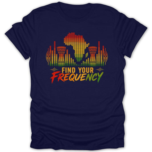 T-shirt graphic with Africa map, drums, and "Find Your Frequency" text.