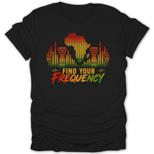 Africa map graphic with drums, sound waves, and "FIND YOUR FREQUENCY" text.