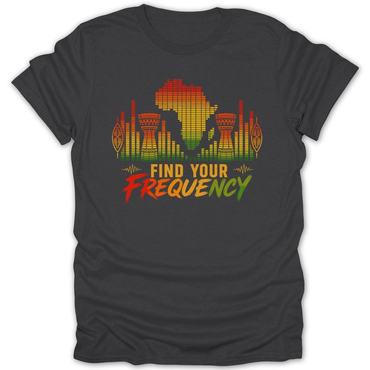 T-shirt with Africa graphic, drums, equalizer, and text "FIND YOUR FREQUENCY".