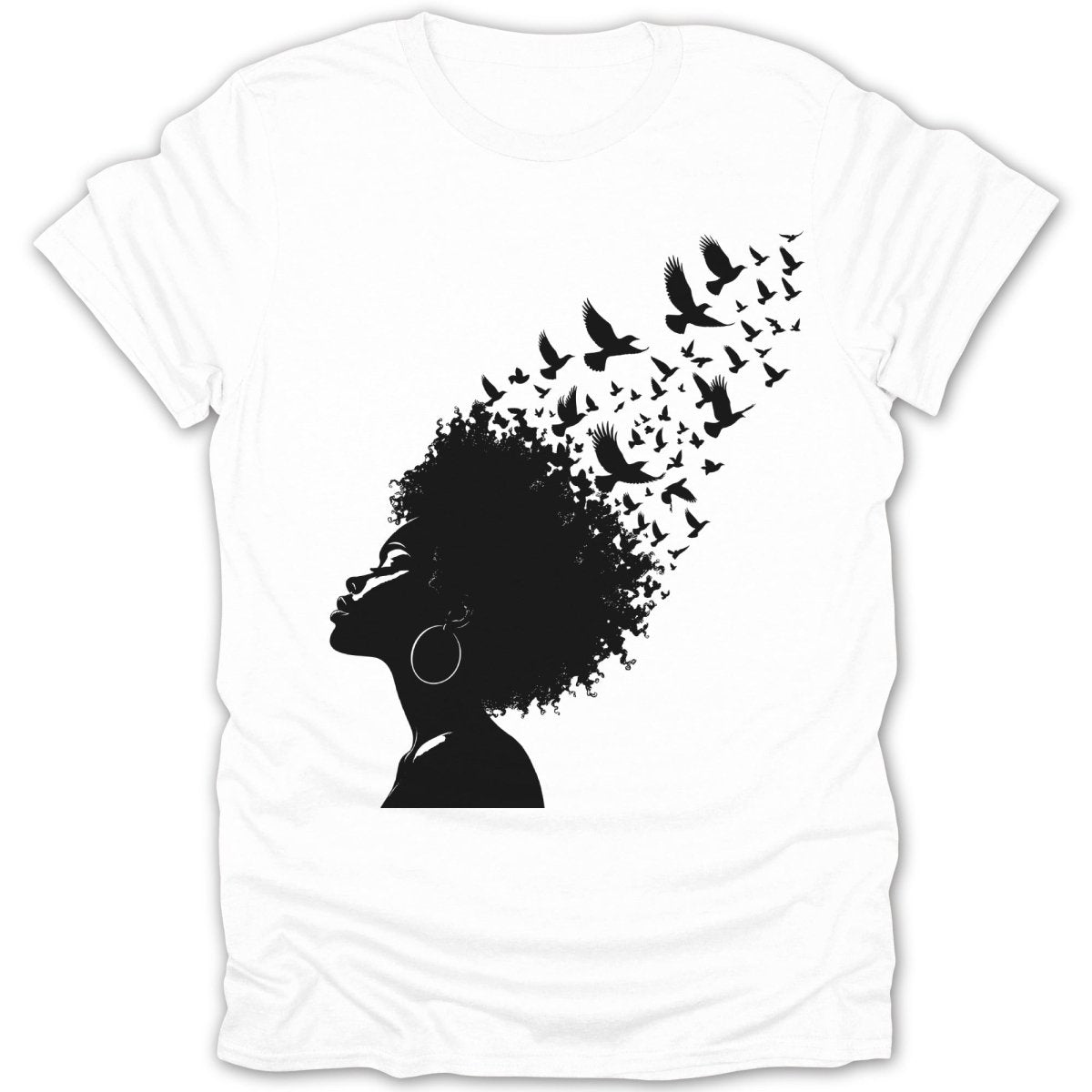 Silhouette of a woman's profile with birds flying from her hair.