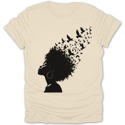 Black silhouette of a woman's profile with birds flying from her hair.