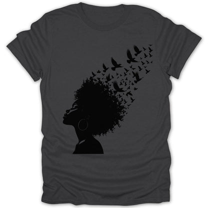 Black silhouette of a woman with an afro, with birds flying from her hair.