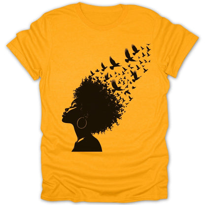 Black silhouette of a woman's profile with birds flying from her hair.