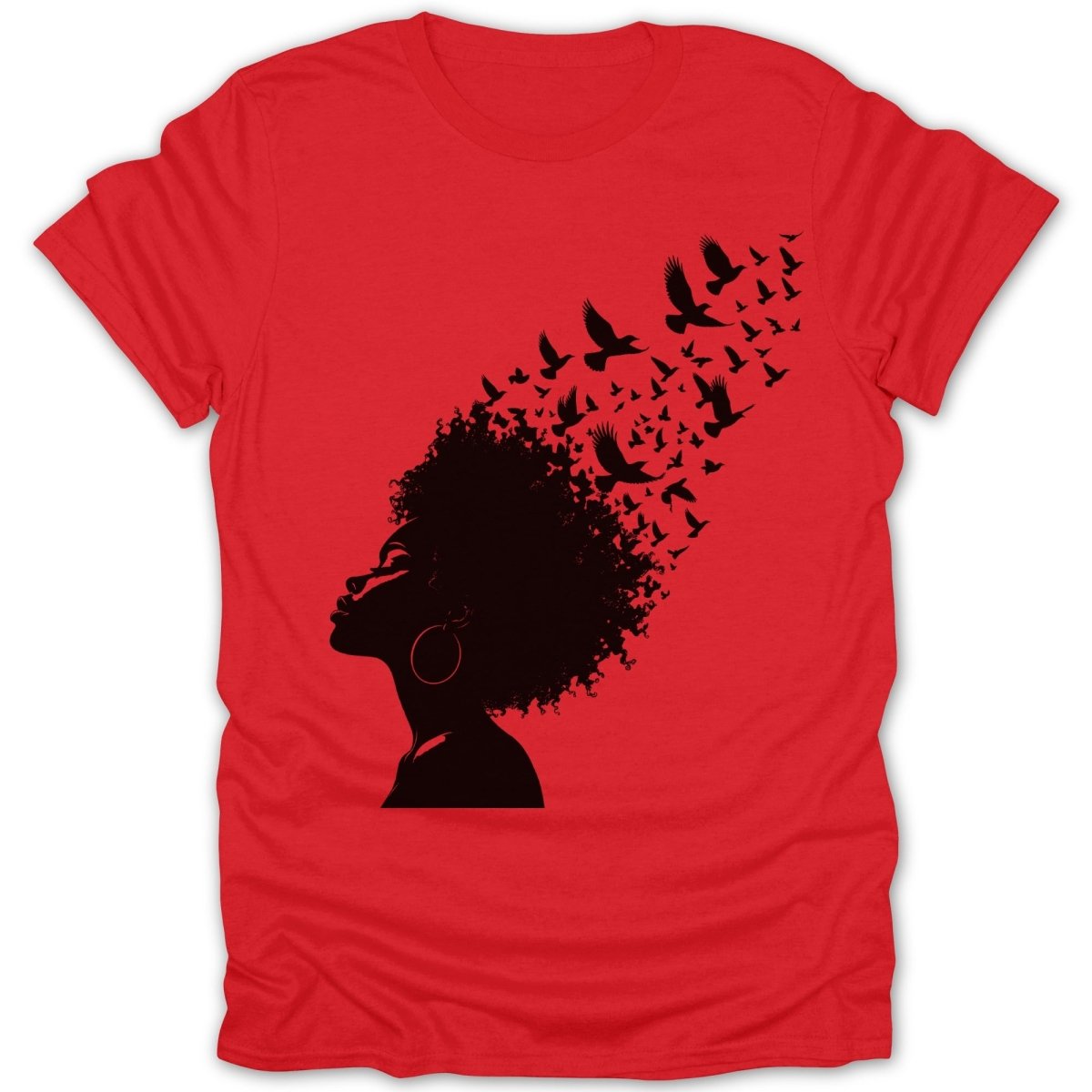 Black silhouette of a woman's head with birds flying from her hair on a red shirt.