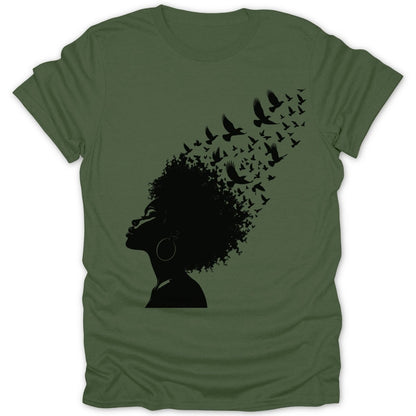 Black silhouette of a woman's profile with birds flying from her hair.