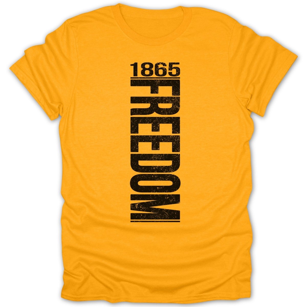 Yellow t-shirt with "1865 FREEDOM" printed vertically in black text.