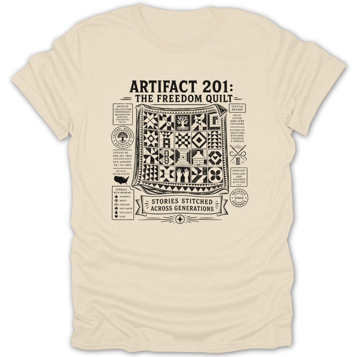 Artifact 201: The Freedom Quilt graphic with quilt details and symbols.