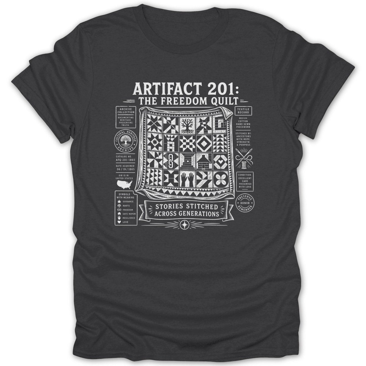 Dark gray t-shirt with white graphic "Artifact 201: The Freedom Quilt" and quilt details.