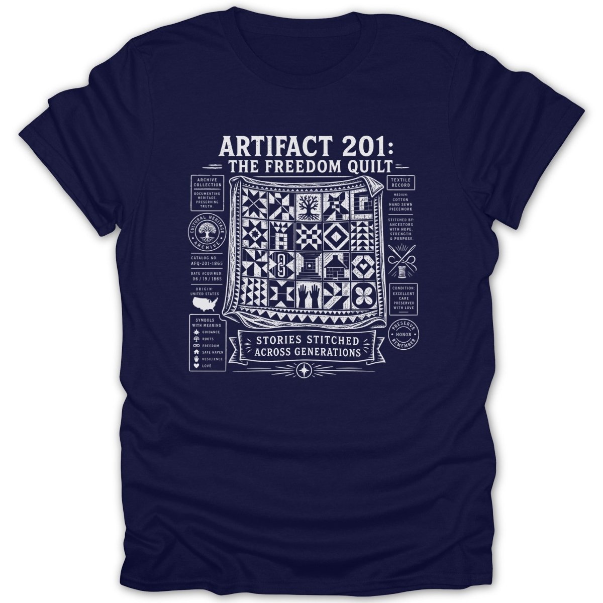 Navy t-shirt with white text and graphic of "The Freedom Quilt".