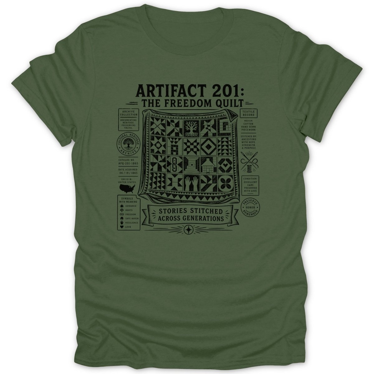 T-shirt with "Artifact 201: The Freedom Quilt" text and quilt design.