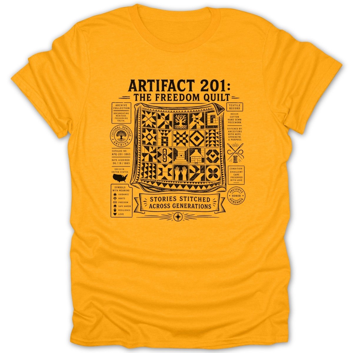 T-shirt with "Artifact 201: The Freedom Quilt" design and symbols.