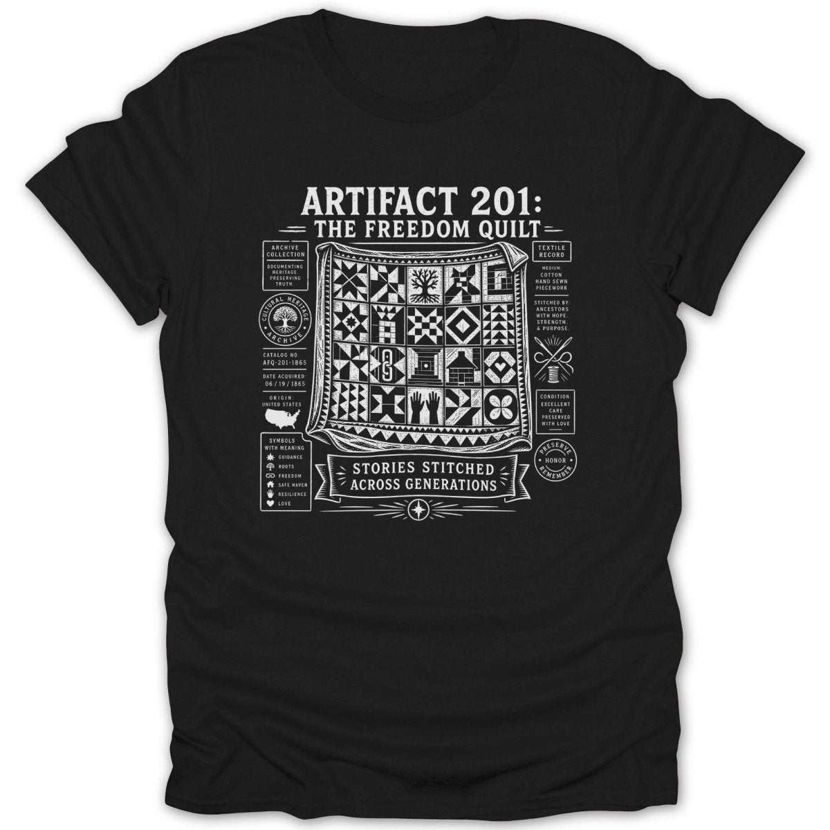 Black t-shirt with "Artifact 201: The Freedom Quilt" design and symbols.