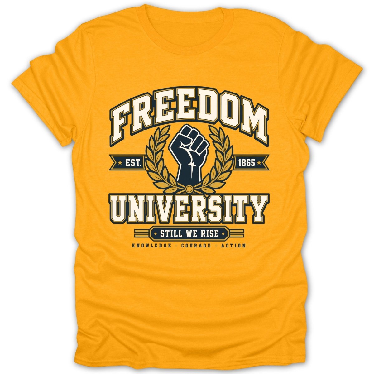 Yellow t-shirt with "Freedom University" design featuring a raised fist and laurel wreath.