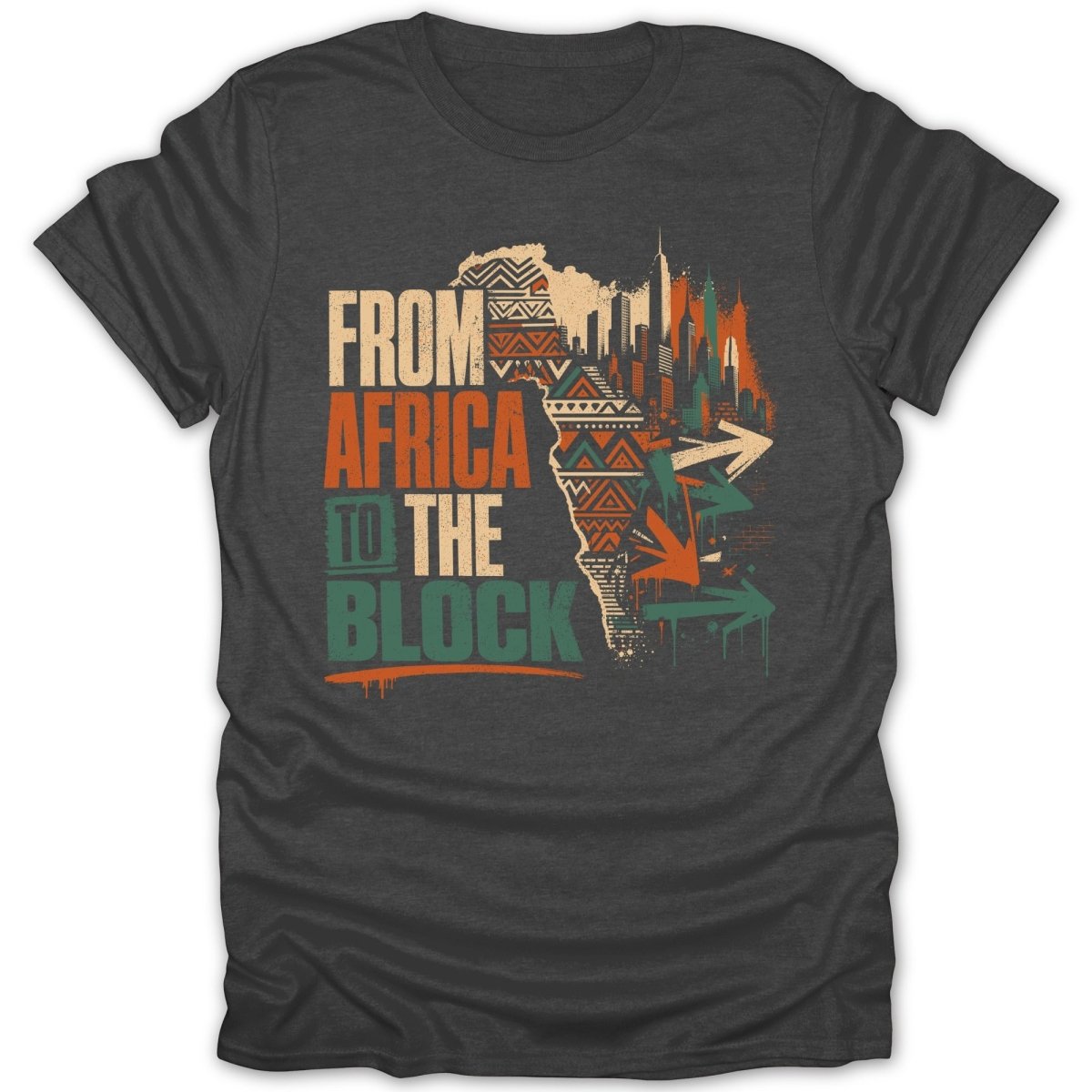Text: From Africa to the Block. African map silhouette with city skyline and graffiti arrows.