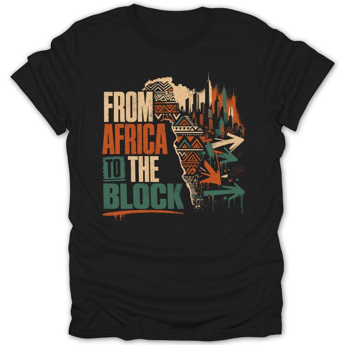 Black t-shirt with "FROM AFRICA TO THE BLOCK" text and African map graphic.