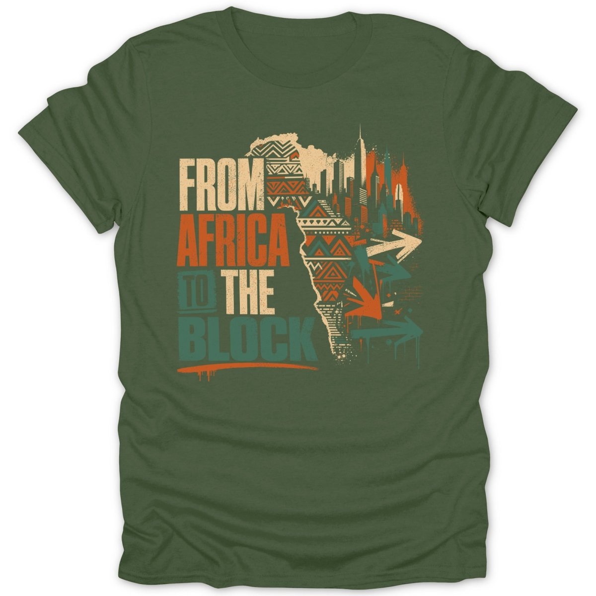 T-shirt with "FROM AFRICA TO THE BLOCK" text, African continent map, and cityscape graphic.
