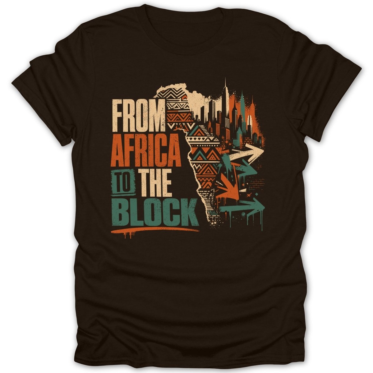 Brown t-shirt with "FROM AFRICA TO THE BLOCK" text and African map graphic.