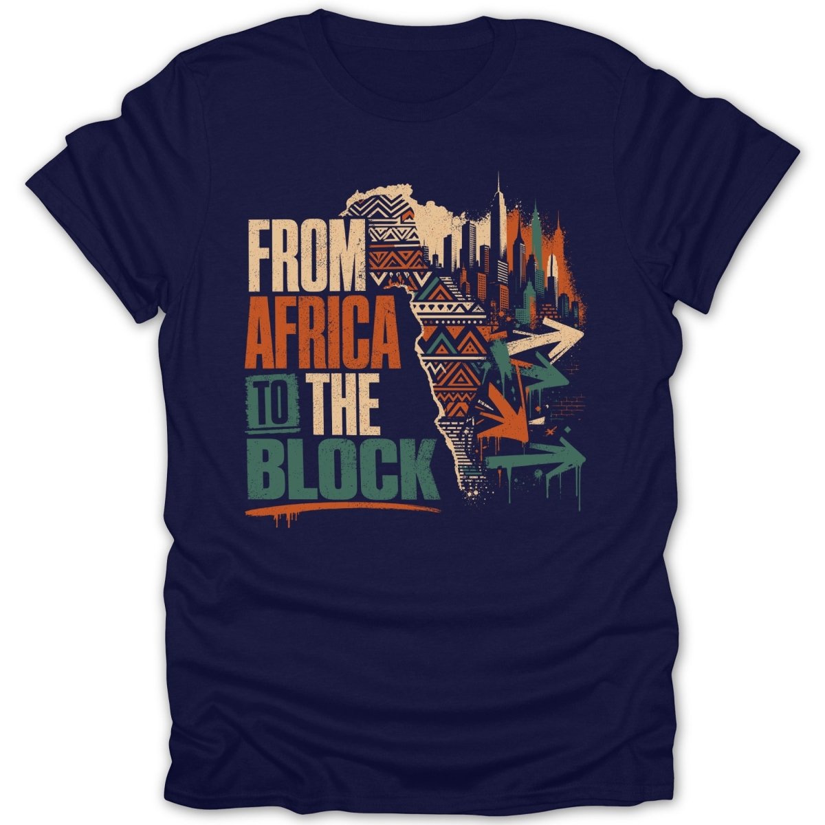 Dark blue t-shirt with "FROM AFRICA TO THE BLOCK" text and a map of Africa merging into a city skyline.