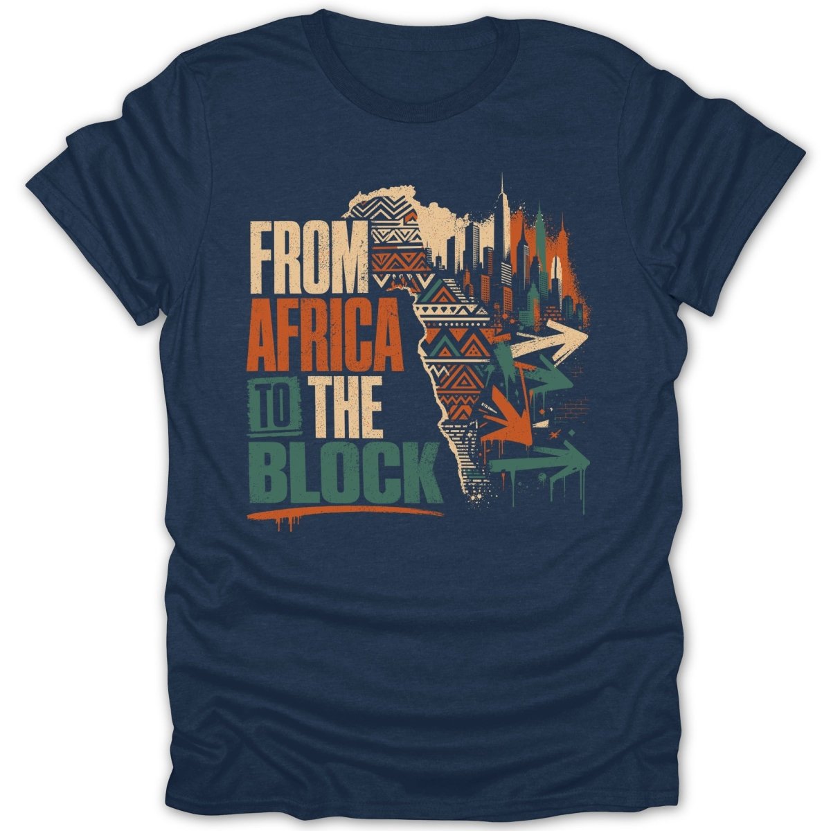 T-shirt with "FROM AFRICA TO THE BLOCK" text, African map silhouette, city skyline, and arrows.