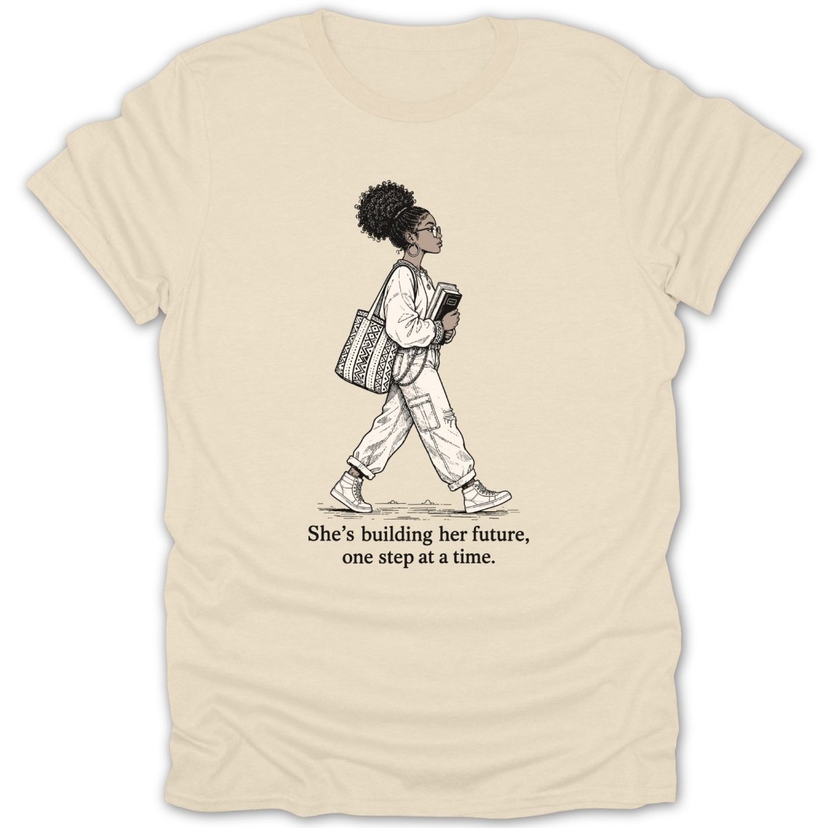 Line drawing of a woman with books and bag, with text "She's building her future, one step at a time."