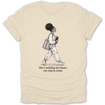 Line drawing of a woman with books and bag, with text "She's building her future, one step at a time."