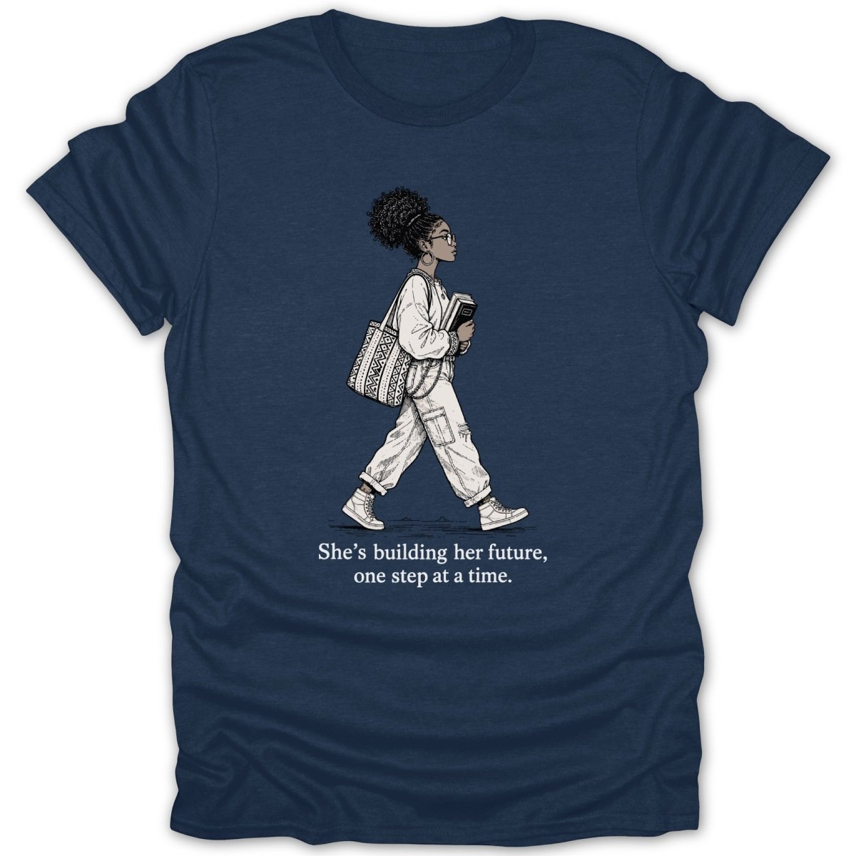 Illustration of woman walking with books and bag, text reads "She's building her future, one step at a time."
