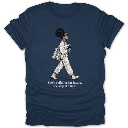 Illustration of woman walking with books and bag, text reads "She's building her future, one step at a time."