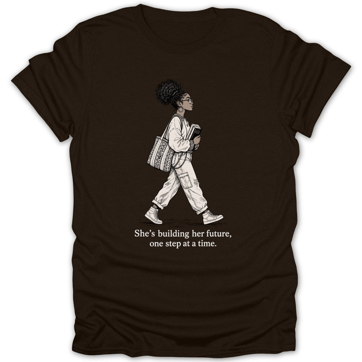 Illustration of woman walking with books and bag, text reads "She's building her future, one step at a time."