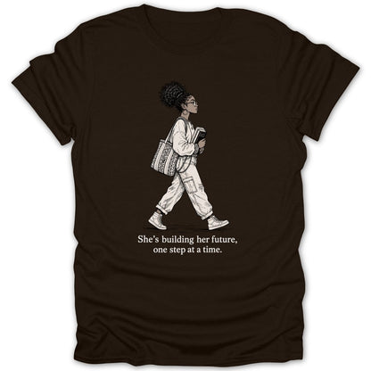 Illustration of woman walking with books and bag, text reads "She's building her future, one step at a time."