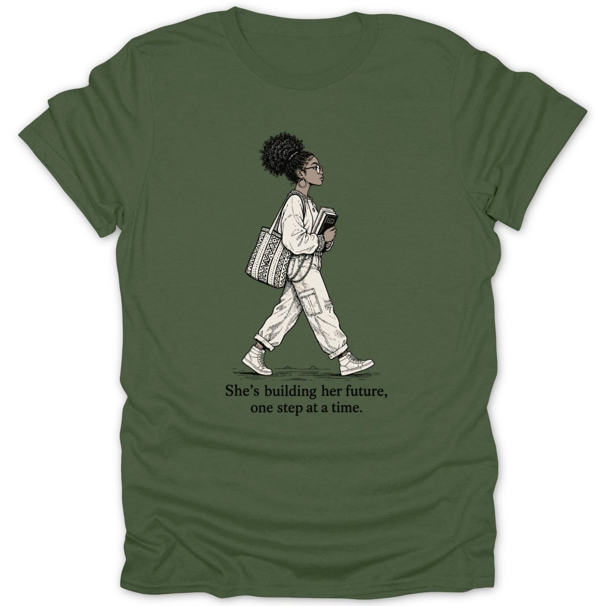 Green t-shirt with an illustration of a woman holding books and a bag, with text.